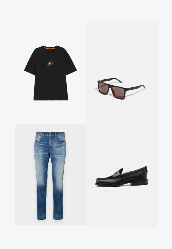 Μαύρο T-shirt με κοντά μανίκια και στρογγυλή λαιμόκοψη, με λευκό γραφικό στο κέντρο που μοιάζει με ρωγμή και φέρει τη λέξη "BOSS".; Μπλέ τζιν παντελόνι με ίσια γραμμή, ξεθωριασμένο φινίρισμα, πέντε τσέπες και κλείσιμο με μεταλλικό κουμπί. Μαλακή υφή με ελάχιστες λεπτομέρειες.; Μαύρος δερμάτινος λόφερ με γκρι λουράκι, χαμηλό τακούνι και υφασμένο πέλμα, με το λογότυπο "HUGO" σε χρυσό στο πλάι.; Μαύρα ορθογώνια γυαλιά ηλίου με σκούρους κόκκινους φακούς, με ματ φινίρισμα και κόκκινο λογότυπο στον βραχίονα. Ανθεκτικό πλαστικό σκελετό.