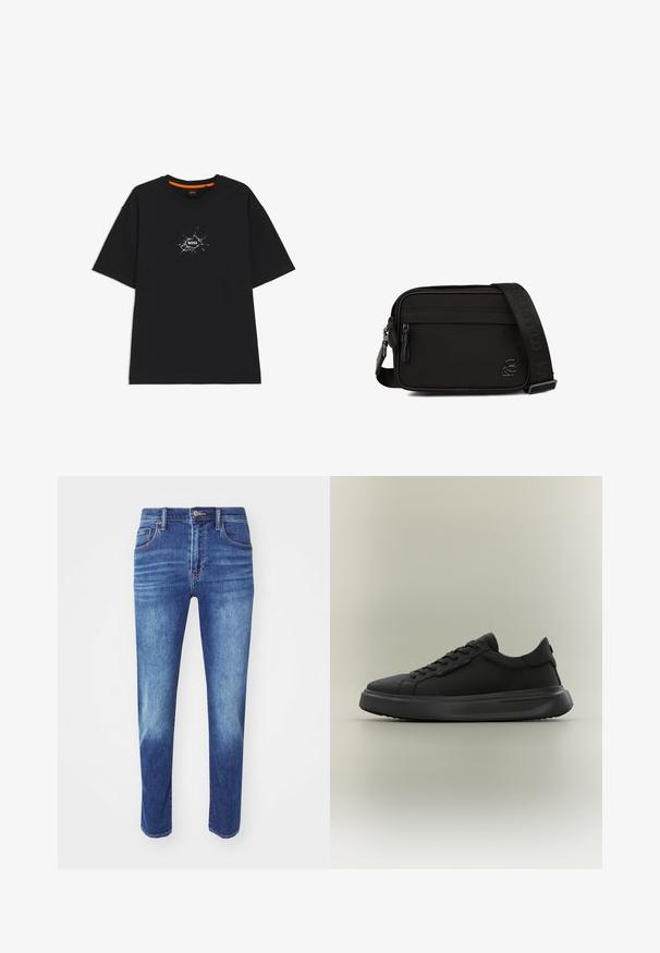 Sort T-shirt med korte ærmer og rund halsudskæring, med en hvid, sprække-lignende grafik i midten med ordet "BOSS".; Blå denimjeans med lige skæring, fem-lomme design og klassisk knaplukning. Har subtil fading og broderede detaljer.; Sort lavtop-sneaker med tekstureret stofoverdel, snørelukning og tyk polstret sål mod en neutral baggrund.; Sort rektangulær crossbody taske med frontlomme med lynlås, justerbar skulderrem med logo og lille sideemblem.