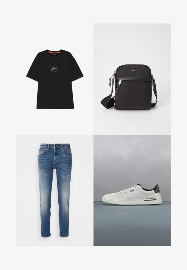 Zwart T-shirt met korte mouwen en een ronde hals, voorzien van een witte, barstachtige grafische afbeelding in het midden met het woord "BOSS".; Blauwe denim jeans met een recht model, lichte vervaging, klassieke vijf-pocketstijl en een ritssluiting met knoopsluiting.; Witte lage sneaker met zwarte hiel, vetersluiting, subtiele perforaties en het "BOSS" logo aan de zijkant, getoond vanuit het zijprofiel.; Zwarte schoudertas van textuurstof, met logo aan de voorkant, ritssluiting en verstelbare schouderband. Voorzien van een gladde leren rand.