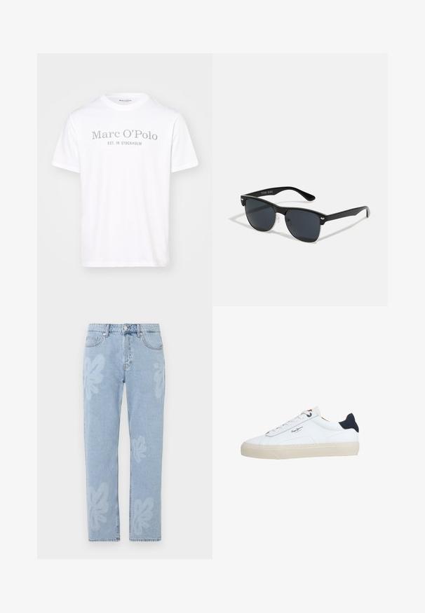 Witte katoenen T-shirt met een ronde hals, korte mouwen en grijze opdruk met de tekst "Marc O'Polo EST. IN STOCKHOLM."; Lichtblauwe denim jeans met bloemenpatronen en een rechte pijp. Standaard tailleband met knoopsluiting en vijf zakken.; Witte lage sneaker met een beige zool, witte veters, zwarte hielstrook en het logo "Pepe Jeans London" aan de zijkant.; Zwarte zonnebril met een rechthoekige vorm, donkere lenzen, zilveren accenten bij de slapen en een matte afwerking op het montuur.