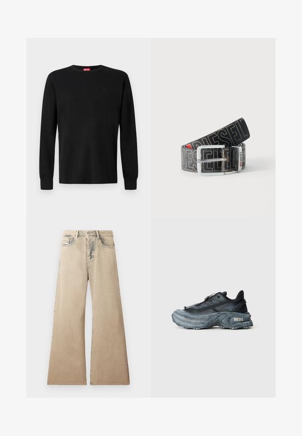 Sort langærmet t-shirt lavet af blødt stof, med rund halsudskæring og et diskret logo i sort på brystet. Enkel design, almindelig pasform.; Beige brede jeans med falmet tekstur, fem-lomme design og syet detaljering langs sømmene. Midjebåndet har en traditionel knaplukning.; Sort og grå Diesel sneakers med tyk sål, snørrebåndslukning og tekstureret design på en ensfarvet lysegrå baggrund.; Sort Diesel-bælte med stor hvid logo tekst, rektangulært sølvspænde og brandet metal-loop detalje, rullet sammen på en lys baggrund.
