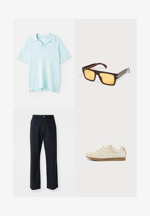 Polo shirt à manches courtes de couleur bleu clair, avec un col en V, coupe décontractée, texture douce et fentes latérales pour faciliter les mouvements.; Pantalons en coton bleu marine à coupe droite, dotés d'une fermeture à bouton à l'avant et de deux poches latérales. Texture lisse, sans motifs visibles.; Baskets en daim beige avec semelle en gomme, design à profil bas et détails de couture subtils, vues de côté sur un fond uni.; Lunettes de soleil rectangulaires en écaille avec de larges montures et des verres teintés jaunes sur fond blanc.