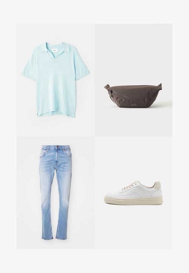 Polo shirt à manches courtes de couleur bleu clair, avec un col en V, coupe décontractée, texture douce et fentes latérales pour faciliter les mouvements.; Jean bleu clair en denim, avec une coupe droite, un léger délavage, cinq poches et une fermeture à bouton. Aucune motif ou embellissement visible.; Sneaker blanche avec un dessus en cuir lisse, des lacets beige et un onglet de talon en daim beige texturé. Semelle surélevée pour une hauteur supplémentaire.; Sac banane en tissu marron foncé avec poche zippée en diagonale et petit logo blanc sur le devant, sur un fond clair uni.