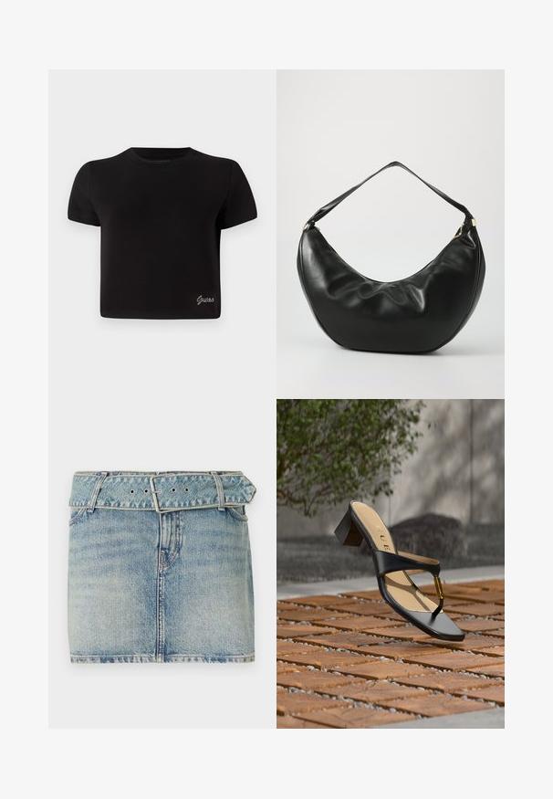 T-shirt noir à manches courtes en coton. Il présente un col rond et un petit logo "Guess" en argent en bas à gauche.; Jupe en denim mini avec un délavage bleu clair, dotée d'une taille ceinturée avec une boucle en métal, cinq poches et un léger effet dégradé pour la texture.; Sandale noire à talon avec boucle pour l'orteil et accent doré, placée sur une surface pavée en bois et pierre en extérieur près de la verdure.; Sac à épaule en cuir noir, de forme courbée, avec une texture douce et une seule sangle; il comporte une fermeture éclair dorée et un logo discret.