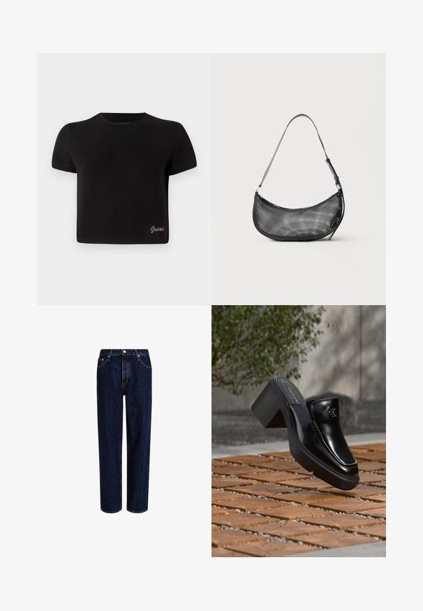 T-shirt noir à manches courtes en coton. Il présente un col rond et un petit logo "Guess" en argent en bas à gauche.; Jeans en denim bleu foncé avec une coupe droite, dotés d'une taille haute, d'un style à cinq poches et de coutures contrastantes. Sans embellissements.; Mule slip-on en cuir noir Calvin Klein avec talon bloc reposant sur des carreaux en bois à l'extérieur près d'une plante verte et d'un mur gris.; Petit sac d'épaule noir en mesh en forme de croissant avec une lanière fine réglable, sur un fond clair uni.