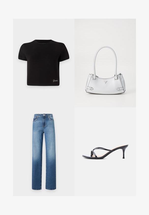 T-shirt noir à manches courtes en coton. Il présente un col rond et un petit logo "Guess" en argent en bas à gauche.; Jean en denim bleu clair avec des rayures blanches verticales, design à jambe droite, cinq poches et fermeture à bouton au niveau de la taille.; Sandale à talon en cuir verni noir avec fines lanières croisées et talon aiguille moyen et élancé sur fond blanc.; Sac à main argenté avec un design structuré, doté de deux poignées, d'une texture brillante, de quincaillerie accentuée et d'un logo triangulaire sur le devant.