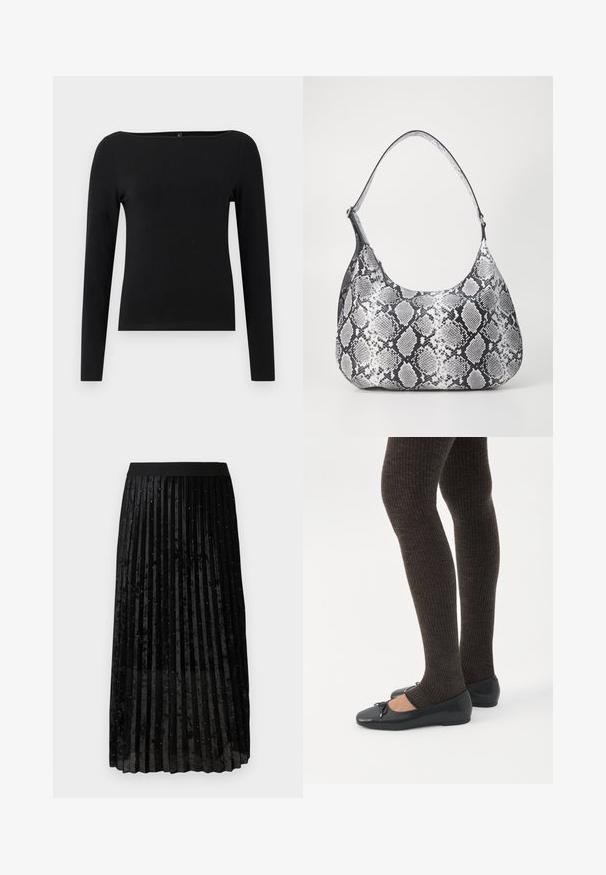 Blusa negra de manga larga con escote barco, hecha de un tejido suave. Diseño sencillo sin patrones ni acentos.; Falda negra plisada de terciopelo, con un acabado texturizado y adornos brillantes distribuidos uniformemente por toda la tela.; Piernas con leggings oscuros acanalados combinados con bailarinas negras que presentan pequeños detalles de lazo sobre un fondo blanco.; Bolso de hombro con estampado de serpiente en blanco y negro, de forma redondeada, textura suave y correa curvada. Presenta un acento de hardware plateado.