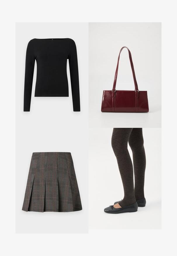 Sort langærmet bluse med bådudskæring, lavet af glat stof. Simpelt design uden mønstre eller accenter.; Gråternet nederdel med plisseringer, prydet med intrikate mønstre i sort og hvid, akkompagneret af tynde røde linjer. Fremstillet af et struktureret stof.; Ben iført mørke ribbede leggings kombineret med sorte balletsko med små sløjfedetaljer på hvid baggrund.; Bordeaux håndtaske lavet af glansfuldt materiale, rektangulær form, med to skulderremme og subtile buede detaljer på forsiden.
