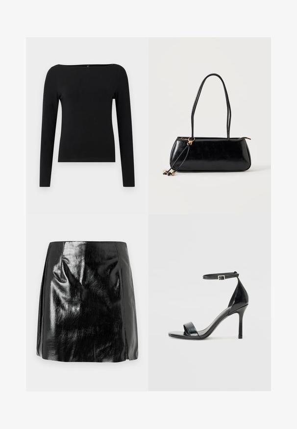 Blusa negra de manga larga con escote barco, hecha de un tejido suave. Diseño sencillo sin patrones ni acentos.; Mini falda de cuero sintético negro brillante con detalles de costura sutiles y una ligera abertura frontal sobre un fondo blanco.; Sandal de tacón alto de charol negro con punta abierta, una sola tira en la parte frontal y una correa en el tobillo ajustable.; Bolso rectangular negro con dos tirantes largos, detalle de anilla dorada y cierre de cremallera sobre un fondo liso claro.