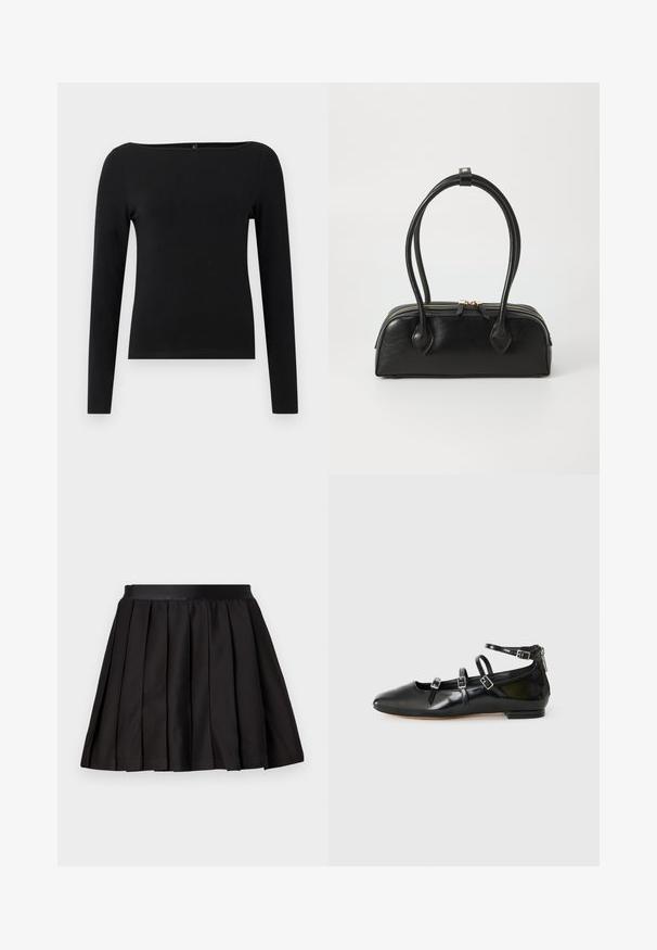 Blusa negra de manga larga con escote barco, hecha de un tejido suave. Diseño sencillo sin patrones ni acentos.; Falda negra plisada con cinturilla ancha, diseño acampanado y pliegues verticales uniformemente espaciados, colocada sobre un fondo gris claro.; ALDO NELTA - Bailarinas - black; Bolso de mano de cuero negro con dos asas alargadas, cierre de cremallera y forma redondeada; textura suave con un acabado ligeramente brillante.