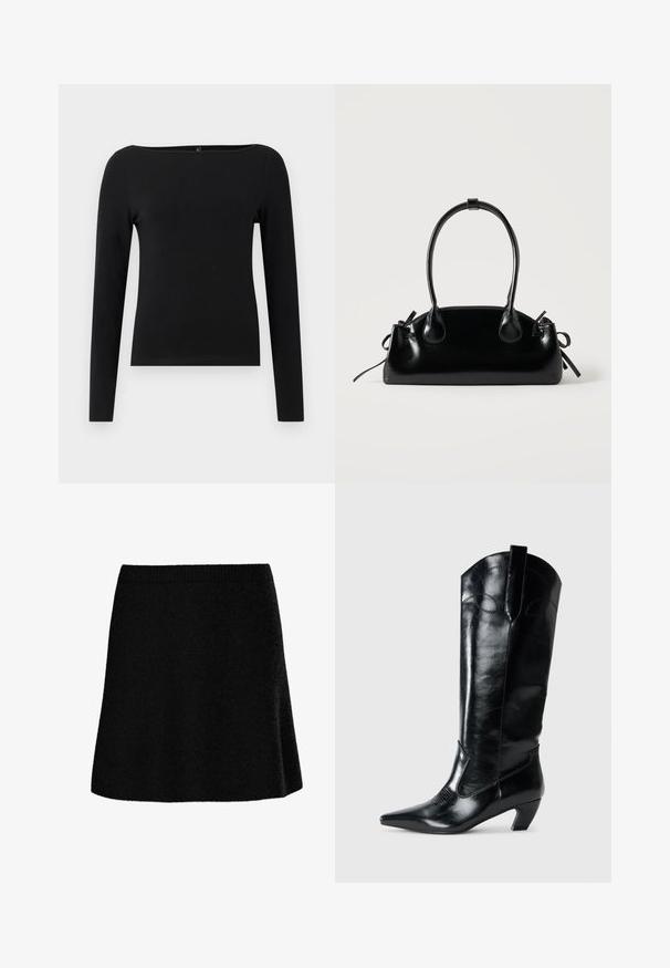 Blusa negra de manga larga con escote barco, hecha de un tejido suave. Diseño sencillo sin patrones ni acentos.; Falda negra en línea A con un tejido texturizado y suave. Cuenta con una cinturilla ajustada y una silueta acampanada, ofreciendo un aspecto liso y casual.; Botas de cuero negras hasta la rodilla con punta afilada, tacón bajo y detalle de costura decorativa en los laterales. Acabado suave y brillante.; Pequeño bolso negro brillante con dos asas largas y detalles de cordón lateral sobre un fondo claro liso.