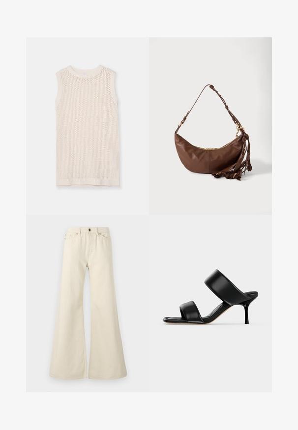 Haut sans manches en tricot de couleur crème clair, présentant un motif en maille et un col et un ourlet côtelés. Sa texture douce améliore la respirabilité et le confort.; Jeans évasés beige clair en coton. Dotés d'une taille haute, de cinq poches et d'une fermeture à bouton avec des détails de couture contrastés.; Sandale mule en cuir noir avec deux larges brides et un talon stiletto fin de hauteur moyenne sur un fond clair uni.; Sac à bandoulière en cuir marron en forme de croissant avec une fermeture éclair dorée et plusieurs pampilles en cuir suspendues à la sangle sur fond blanc.
