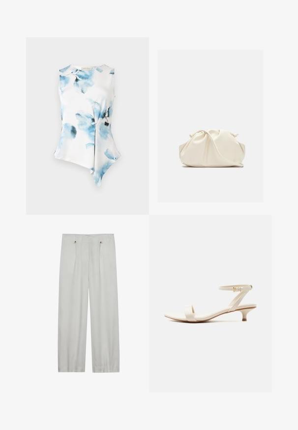 Mouwloze blouse met een asymmetrische zoom, gemaakt van een soepele, lichte stof. Heeft een aquarel bloemenpatroon in blauwe tinten op een witte achtergrond.; Lichtgrijze, wijde pantalon gemaakt van een zachte stof. Heeft twee voorplooien, twee knoopsluitingen en een gladde textuur.; Beige sandaal met lage hak, voorzien van een enkele teenriem en een verstelbare enkelriem met een kleine gouden gesp, op een witte achtergrond.; Zachte, crèmekleurige leren clutch met geplooid, gerimpeld ontwerp en een dunne schouderriem die vooraan op een effen achtergrond ligt.