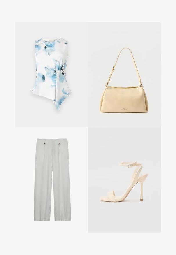 Blusa sin mangas con un dobladillo asimétrico, hecha de un tejido suave y ligero. Presenta un patrón de flores en acuarela en tonos azules sobre un fondo blanco.; Pantalones de pierna ancha en gris claro, confeccionados en una tela suave. Presentan dos pliegues frontales, dos cierres de botón y una textura suave.; Sandalia de tacón alto beige con una delgada correa en el tobillo y puntera cuadrada. Material sintético suave, diseño minimalista y tacón de aguja.; Bolso de hombro beige rectangular con correa ajustable y cierre de cremallera, con un pequeño logo "Anna Field" en el centro frontal.