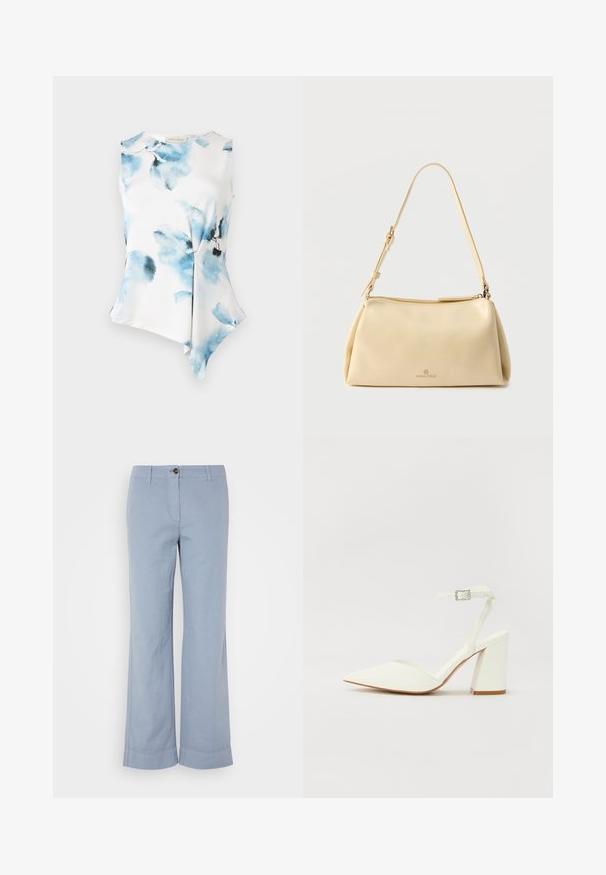 Blusa sin mangas con un dobladillo asimétrico, hecha de un tejido suave y ligero. Presenta un patrón de flores en acuarela en tonos azules sobre un fondo blanco.; Pantalones de lino azul claro con pierna recta, cierre de botón y dobladillo vuelto. Textura suave, diseñados para uso casual.; Sandalia blanca de tacón con puntera afilada, correa ajustable en el tobillo y un tacón cuadrado grueso. Textura lisa con detalles de costura mínimos.; Bolso de hombro beige rectangular con correa ajustable y cierre de cremallera, con un pequeño logo "Anna Field" en el centro frontal.