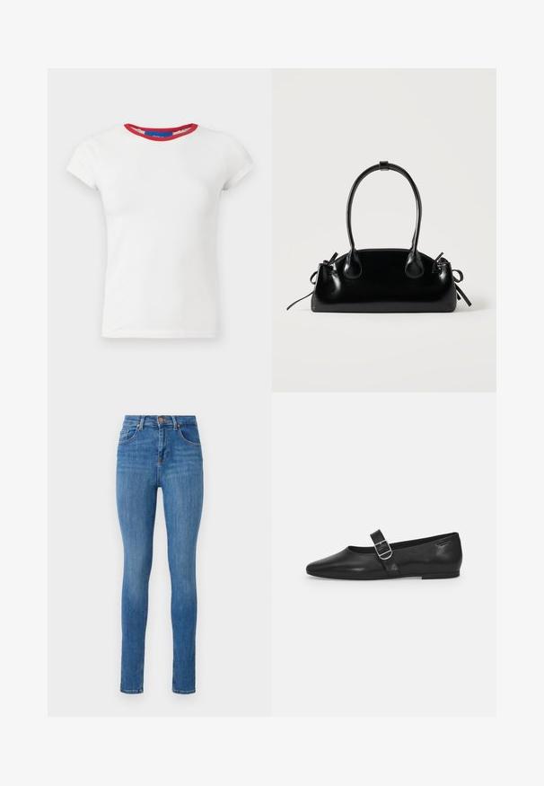 Weißes eng anliegendes T-Shirt mit kurzen Ärmeln, rundem dunkelrotem Halsausschnitt und einer Markenkennzeichnung im Kragen.; Slim-Fit-Jeans aus mittelblauem Denim mit hoher Taille, klassischem Fünf-Taschen-Design, leichtem Used-Look und glatter Textur.; Schwarzer Lederflatschuh mit runder Zehenform, einem verstellbaren Schnallenriemen und einer glatten, glänzenden Oberfläche. Minimalistisches Design mit einem niedrigen Absatz.; Kleine schwarze glänzende Handtasche mit zwei langen Griffen und seitlichen Kordelzug-Details vor einfachem hellem Hintergrund.
