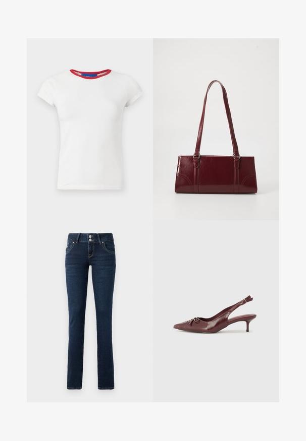 Hvid tætsiddende t-shirt med korte ærmer, rund mørkerød halsudskæring og mærke i kraven.; Mørkeblå skinny jeans med dobbeltknaplukning, frontlommer og gule syninger på hvid baggrund.; Bordeaux læder slingback hæl med spidse tå, justerbar rem og dekorativ sløjfedetalje foran. 7,5 cm hælhøjde.; Bordeaux håndtaske lavet af glansfuldt materiale, rektangulær form, med to skulderremme og subtile buede detaljer på forsiden.
