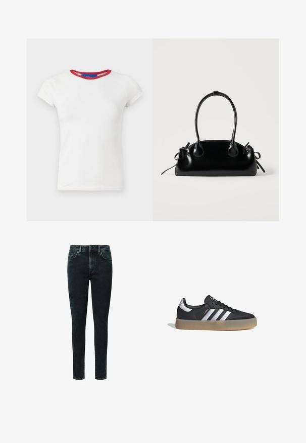 Camiseta blanca ajustada de manga corta con cuello redondo oscuro en rojo y etiqueta de la marca dentro del cuello.; Los jeans skinny de mezclilla negra cuentan con un diseño clásico de cinco bolsillos, cremallera frontal y sutiles detalles de desgaste en la parte delantera.; Zapatilla deportiva de cuero negro con tres rayas plateadas, punta texturizada y suela de goma. Cuenta con un collar acolchado y un diseño con cordones.; Pequeño bolso negro brillante con dos asas largas y detalles de cordón lateral sobre un fondo claro liso.