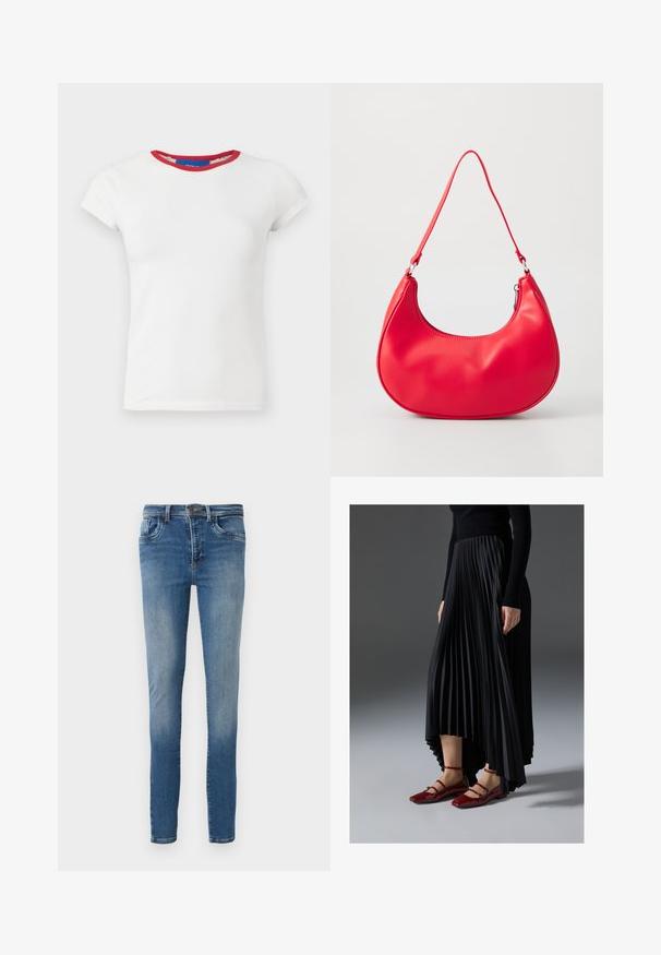 Hvid tætsiddende t-shirt med korte ærmer, rund mørkerød halsudskæring og mærke i kraven.; Slank-fittede blå denimjeans med en falmet overflade, traditionelt fem-lomme design og en klassisk knap-og-lynlås lukning.; Sort plisseret nederdel med en høj-lav kant, parret med glansfulde røde flade sko med en remdesign. Stoffet har en glat overflade.; Rød syntetisk læder skuldertaske med en buet form, slank rem og lynlås lukning. Glat tekstur med synlige syninger.