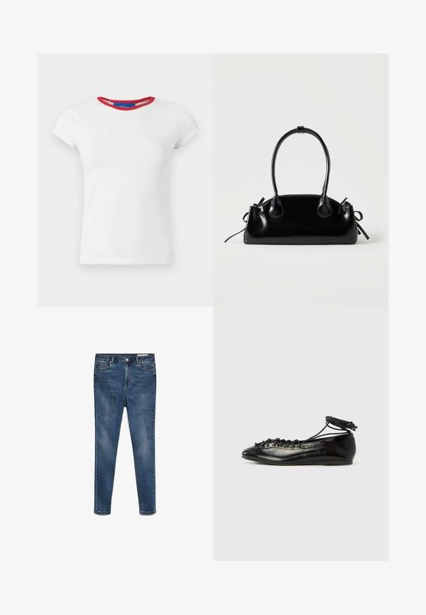 Hvid tætsiddende t-shirt med korte ærmer, rund mørkerød halsudskæring og mærke i kraven.; Mørkeblå denim skinny jeans med mellem-høj talje, fem lommer og subtilt slid. Har knap- og lynlås-lukning.; Sorte balletflade sko i laklæder med rundet tå, snørelukning og flad sål. Glat tekstur med få detaljer.; Lille sort blank håndtaske med to lange håndtag og snøre-detaljer i siden på en ensfarvet lys baggrund.