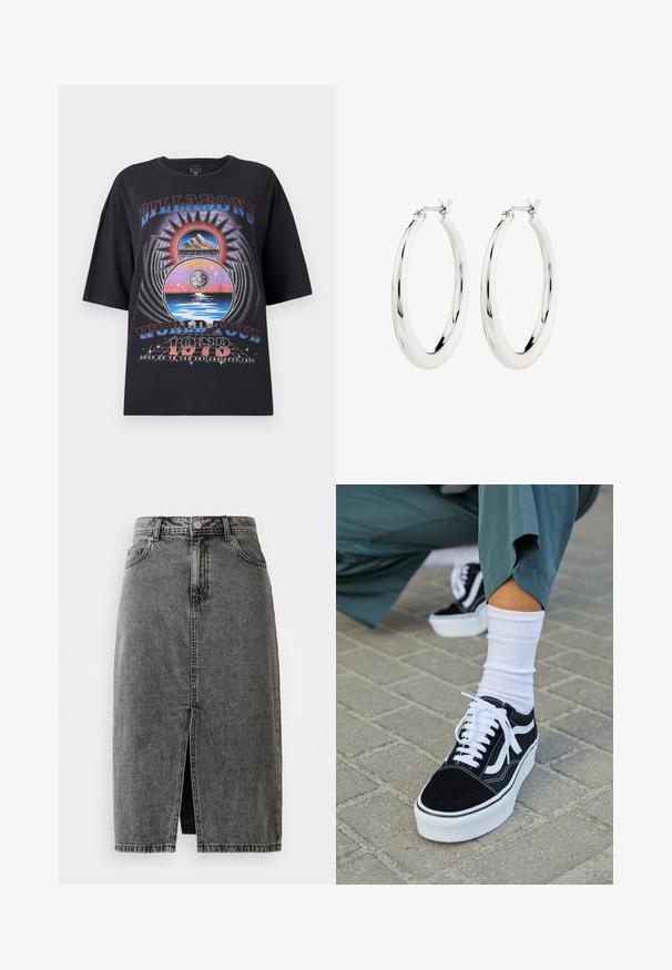 Zwarte oversized t-shirt met een kleurrijk graphic ontwerp met bergen, zon en water elementen. De tekst bevat "Billabong World Tour 1973."; Hoge taille, vervaagde zwarte denim midi-jurk met een split aan de voorkant, riemlussen en een klassieke vijf-pocket ontwerp.; Zwarte suède sneaker met witte accenten en veters, uitgerust met een dikke witte zool en contrasterende stiksels, gecombineerd met een witte sok.; Zilveren oorbellen in de vorm van een gladde, glanzende ring. Circulaire vorm, voorzien van een veilige sluiting. Eenvoudig en elegant ontwerp.