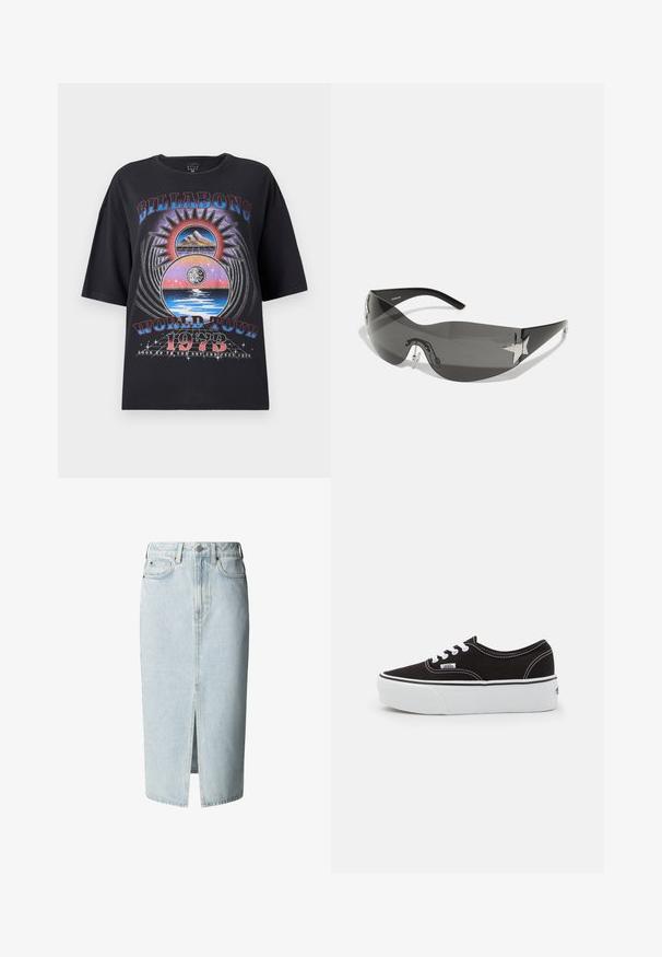 Schwarzes, übergroßes T-Shirt mit einem bunten Grafikdesign, das Berge, Sonne und Wasserelemente zeigt. Der Text beinhaltet "Billabong World Tour 1973."; Hellblauer Denim-Midirock mit vorderem Schlitz, Gürtelschlaufen, Knopf- und Reißverschluss sowie Front- und Gesäßtaschen.; Schwarze Leinensneaker mit einer weißen Gummiplattformsohle, weißen Schnürsenkeln und Nähten, ikonischer Markenaufdruck an der Seite, im Low-Top-Design.; Schwarze Sonnenbrille mit wrap-around Design, dunkel getönten Gläsern, glänzenden, sternförmigen Akzenten und verstellbaren Nasenpads.
