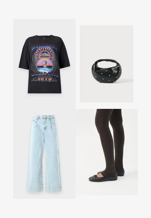 Μαύρο oversized t-shirt με πολύχρωμο γραφικό σχέδιο που περιλαμβάνει βουνά, ήλιο και στοιχεία νερού. Το κείμενο περιλαμβάνει "Billabong World Tour 1973."; Ανοιχτό μπλε τζιν παντελόνι σε φαρδιά γραμμή, κατασκευασμένο από ντένιμ, με ψηλή μέση, μπροστινές τσέπες και ραφές στις άκρες.; Πόδια με σκουρόχρωμα ριμπ κολάν συνδυασμένα με μαύρα μπαλαρίνα παπούτσια με μικρές λεπτομέρειες φιόγκων σε λευκό φόντο.; Μαύρη δερμάτινη τσάντα χειρός με στρογγυλεμένο σχήμα, διακοσμημένη με ασημένιες λεπτομέρειες με καρφιά και κοντή λαβή. Λείο υλικό και κλείσιμο με φερμουάρ.