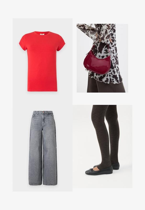 T-shirt rouge manches courtes col rond avec coupe slim, texture lisse, sans logos ni motifs visibles sur fond clair.; Jean en denim à jambes larges dans un délavé gris, avec cinq poches, une fermeture à bouton et une texture douce avec des détails de whiskering subtils.; Jambes portant des leggings côtelés foncés associés à des ballerines noires avec de petits détails en nœud sur fond blanc.; Femme portant un chemisier à motif noir et blanc tenant un sac à main rouge brillant sur un fond uni.