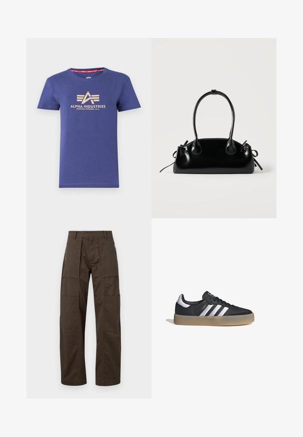 Camiseta de algodón azul marino de manga corta, con un estampado del logo en beige "ALPHA INDUSTRIES" y una etiqueta interior en rojo con texto.; Pantalones cargo marrones hechos de una tela resistente, con múltiples bolsillos, un corte relajado y detalles de costura prominentes para mayor durabilidad.; Zapatilla deportiva de cuero negro con tres rayas plateadas, punta texturizada y suela de goma. Cuenta con un collar acolchado y un diseño con cordones.; Pequeño bolso negro brillante con dos asas largas y detalles de cordón lateral sobre un fondo claro liso.