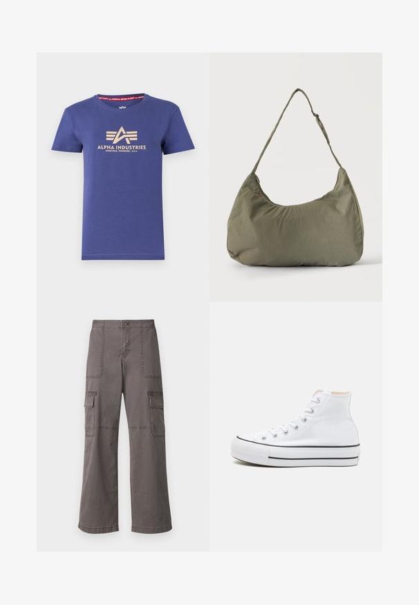 Camiseta de algodón azul marino de manga corta, con un estampado del logo en beige "ALPHA INDUSTRIES" y una etiqueta interior en rojo con texto.; Pantalones de carga grises de algodón con un diseño de pierna ancha, que cuentan con dos bolsillos delanteros, dos bolsillos laterales y detalles de costura visibles.; Zapatillas altas blancas de material de lienzo, con suela de goma negra y una franja negra en el mediopie. Punta circular y diseño de cordones.; Bolso de hombro de tela suave color verde oliva con cierre de cremallera y correa ajustable sobre un fondo liso y claro.