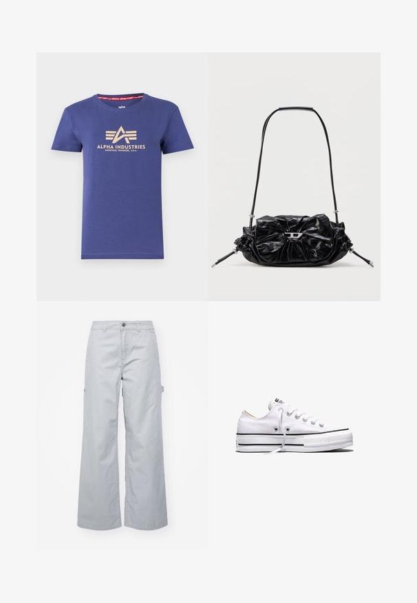 Camiseta de algodón azul marino de manga corta, con un estampado del logo en beige "ALPHA INDUSTRIES" y una etiqueta interior en rojo con texto.; Pantalones cargo grises de pierna ancha con cierre de botón, dos bolsillos laterales y un bolsillo con solapa. Hechos de un tejido duradero con una textura suave.; Zapatilla baja de lona blanca con cordones blancos, rayas negras en la suela y puntera de goma texturizada, vista lateral sobre fondo blanco.; Bolso de mano de cuero negro con diseño fruncido y detalle de lazo en la parte frontal. Cuenta con un asa corta y detalles metálicos en color plata.