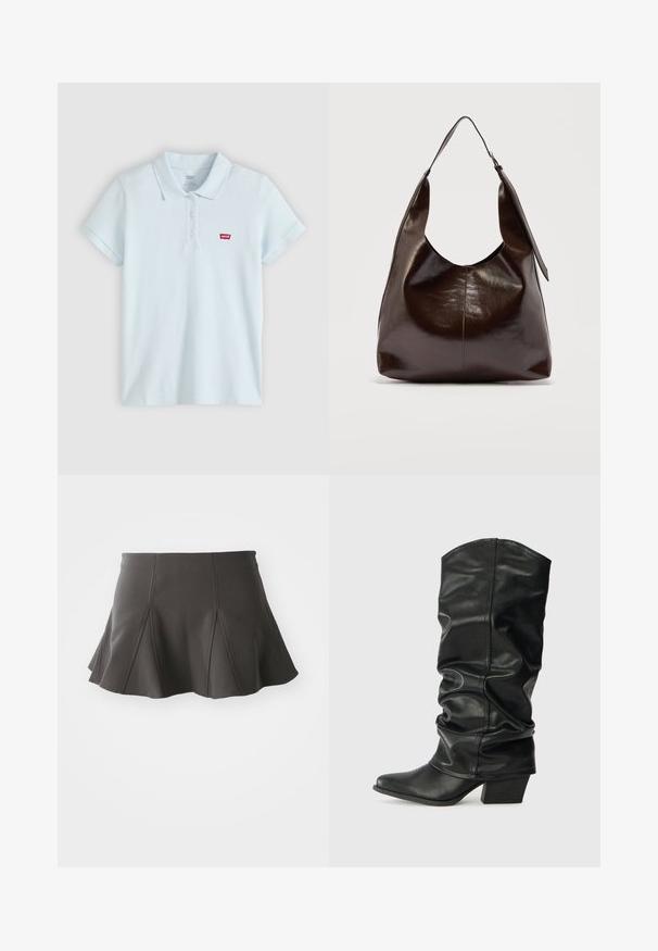 Polo à manches courtes bleu clair avec trois boutons et un petit logo Levi's rouge sur la poitrine gauche.; Jupe noire évasée avec une taille ajustée, présentant des coutures verticales et une texture lisse. L'ourlet est légèrement incurvé et se situe au-dessus de mi-cuisse.; Bottes noires en cuir, montantes jusqu'au genou, avec un design plissé, un bout pointu et un talon épais, présentant une texture lisse et des coutures minimales.; Sac à bandoulière en cuir marron foncé brillant avec une seule large sangle et un détail de boucle sur un côté, posé sur un fond clair uni.