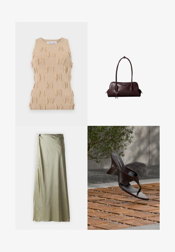 Beige ærmeløs strikket top med tekstureret design, spredte frynseaccents samt ribstrikket halsudskæring og kant.; Lang, olivengrøn nederdel lavet af glat stof med et omsluttet design, der har en side-split og en dekorativ knapdetalje ved taljen.; Brun Calvin Klein hælet thong sandal svævende over træflise og grus udendørs med sløret grønt og stenmur i baggrunden.; Mørkebrun lædertaske fra Calvin Klein med lange dobbelte håndtag og en lille logohængende ved det ene håndtag.