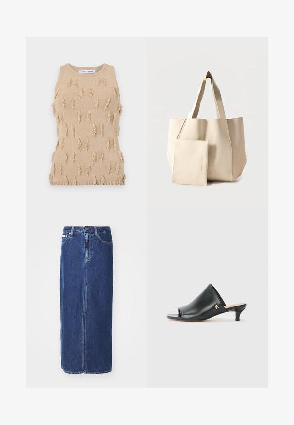 Beige ærmeløs strikket top med tekstureret design, spredte frynseaccents samt ribstrikket halsudskæring og kant.; Mørkeblå denimnederdel, knælang, med slidse foran, traditionel talje og fem-lommes design med kontrasterende syninger.; Sorte læder open-toe mules med en lav hæl. Har en glat overflade og et guld logo-prim på siden.; Beige stor tote-taske med ribbet tekstur og matchende aftagelig pung med lynlås foran på ensfarvet baggrund.