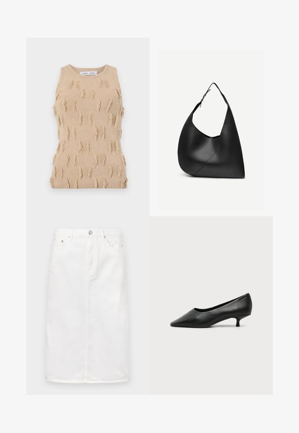 Beige ærmeløs strikket top med tekstureret design, spredte frynseaccents samt ribstrikket halsudskæring og kant.; Hvid denimnederdel med lynlås foran, fem lomme-design og lige silhuet med stikninger.; Sort lavhælet damesko i læder med spids tå og lille kitten heel på ensfarvet lys baggrund.; Sort læder skuldertaske med buet trekantet form, enkelt justerbart rem og synlig diagonal søm foran.