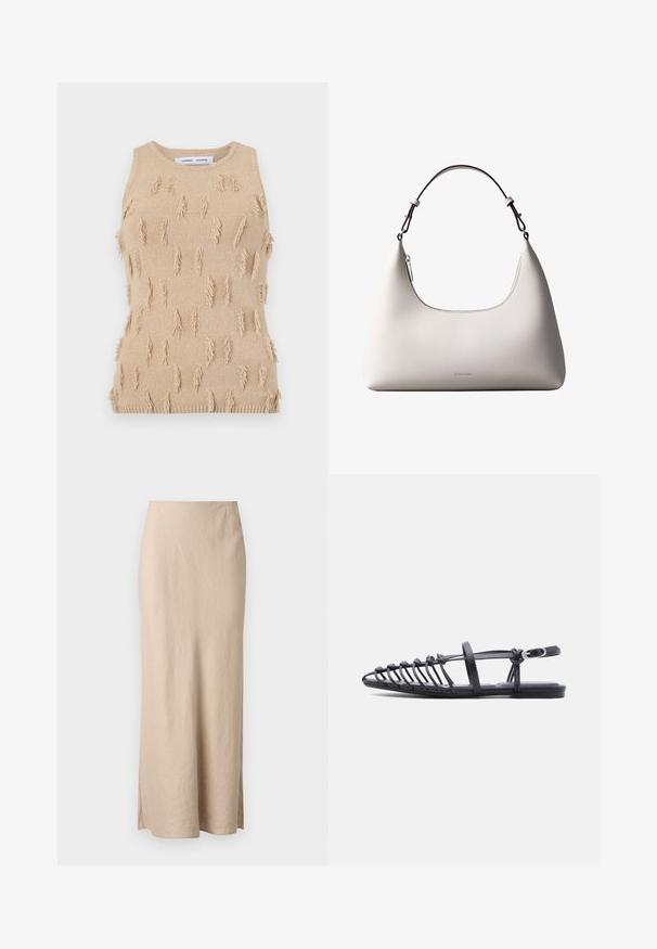 Beige ærmeløs strikket top med tekstureret design, spredte frynseaccents samt ribstrikket halsudskæring og kant.; Samsøe Samsøe AGNETA LONG SKIRT - Maxinederdele - white pepper; Sort flad sandal med flere tynde remme, ankelrem med spænde og åben tå-burdesign på hvid baggrund.; Cremefarvet skuldertaske i læder fra Calvin Klein med buet topkant, sølvfarvet lynlås og mørkebrun justerbar rem.