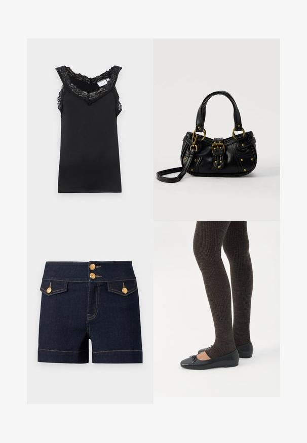Haut noir sans manches avec bordure en dentelle autour de l'encolure et des épaules, texture en tissu côtelé, étiquette de vêtement visible à l'intérieur de l'encolure.; Short en jean denim bleu foncé taille haute, avec deux poches à rabat à l'avant et des boutons décoratifs dorés sur la ceinture et les poches.; Jambes portant des leggings côtelés foncés associés à des ballerines noires avec de petits détails en nœud sur fond blanc.; Sac à main en cuir noir avec boucle dorée et détails à rivets, poignées courtes et bandoulière réglable sur fond blanc uni.