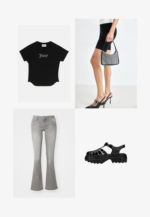Sort kortærmet T-shirt med rund bund og raglanærmer. Har pyntet "Juicy" tekst i rhinsten på forsiden.; Grå flagrende jeans med en middelhøj talje, frontlommer og knaplukning, lavet af denimstof med en glat tekstur.; Sorte gummisandaler med lukket tå-design, der har vandrette udskæringer og en tyk, struktureret sål for godt greb. Justerbar rem inkluderet.; Sort perlehandtaske med en buet silhuet, bærehåndtag og blank overflade. Båret med højhælede sorte sko og tætsiddende sorte shorts.