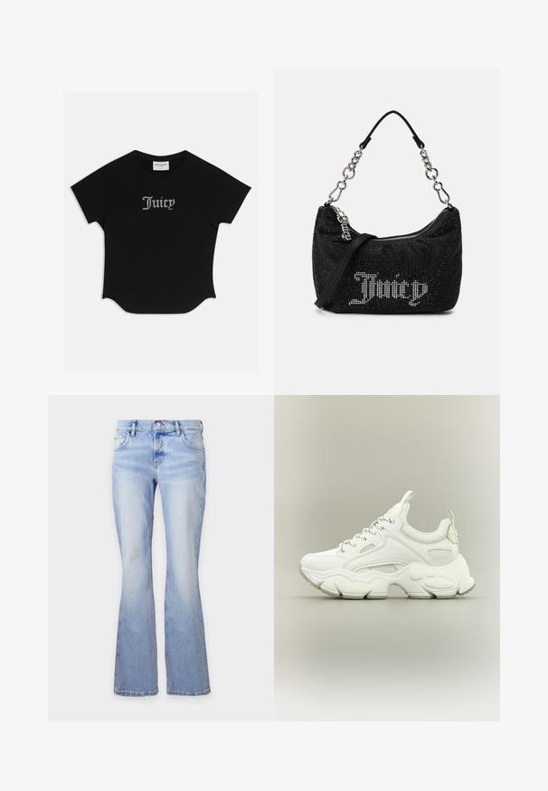 Zwarte T-shirt met korte mouwen en een ronde onderkant, voorzien van raglanmouwen. Kenmerkt zich door versierde "Juicy"-tekst in strass-steentjes op de voorkant.; Lichtblauwe denim jeans met een hoge taille, knoopsluiting, frontzakken en uitlopende pijpen tegen een effen achtergrond.; Witte chunky sneaker met dikke, gestructureerde zool, bovenwerk van mesh en leer, vetersluiting en treklusjes op tong en hiel.; Zwarte tas met rhinestone versieringen, een gebogen vorm en een zilveren kettinghandvat. Voorzien van een rits en het "Juicy" logo in het wit.