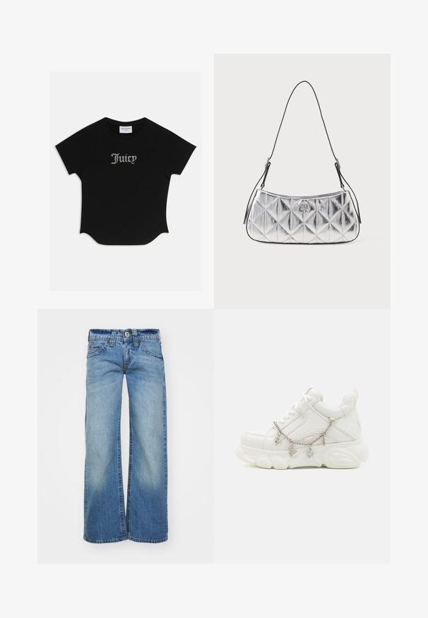 Sort kortærmet T-shirt med rund bund og raglanærmer. Har pyntet "Juicy" tekst i rhinsten på forsiden.; Lys blå vidde jeans i denimstof, med en blegning, fem lommer og en knaplukning med bæltestropper.; Hvide sneakers med en kraftig sål, tekstureret læderoverdel og dekorativ metal kæde med charms. Har snørebåndslukning og polstret krave.; Metallic sølv skuldertaske med en quiltet design, glat overflade og justerbar sort strop. Har en lille logo detalje foran.