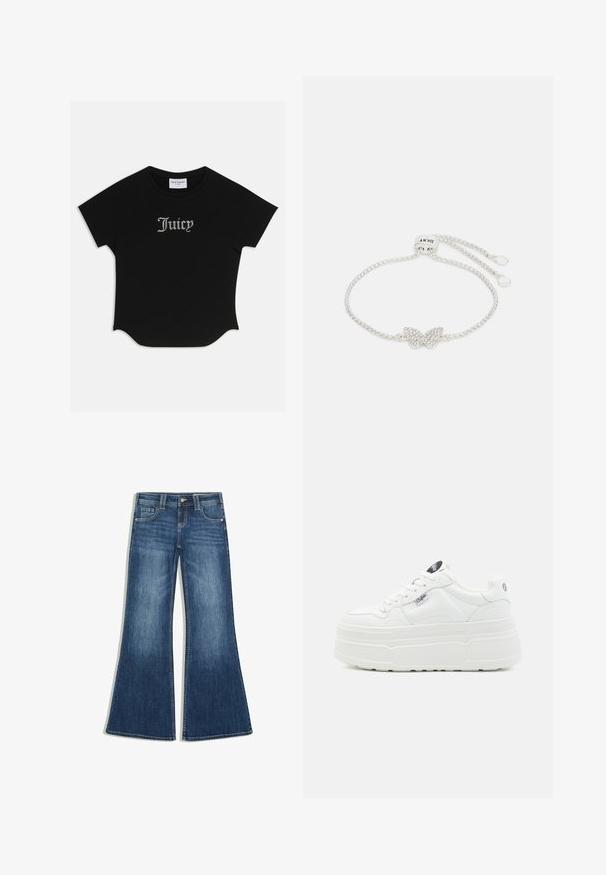 Sort kortærmet T-shirt med rund bund og raglanærmer. Har pyntet "Juicy" tekst i rhinsten på forsiden.; Blå denimjeans med et udflaret ben-design, front knap- og lynlås lukning og fem-lomme styling på en hvid baggrund.; Hvide platform sneakers med en glat syntetisk overflade, rund tå, polstret krave og tekstureret sål. Har et kontrasterende logo-tag.; Sølvarmbånd med et sommerfugledesign pyntet med rhinsten, justerbar kæde med en glidende lukning og en glat, blank overflade.
