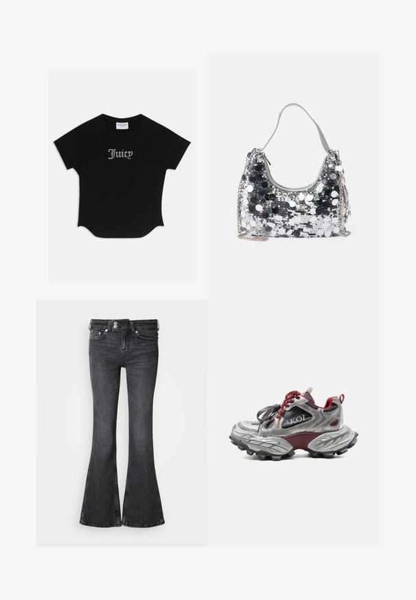 Sort kortærmet T-shirt med rund bund og raglanærmer. Har pyntet "Juicy" tekst i rhinsten på forsiden.; Sorte jeans med vidde, lavet af denim, med talje i midten, fem lommer og en syet kant. Dekorativt logo på bageste linning.; Sølv og vinrød sneaker med chunky tekstureret sål, røde snørebånd, sorte mesh-paneler og "KOI" branding på siden.; Sølvglitrende håndtaske med rund form, blød håndtag og sølvfarvet kædestrop. Har en lynlåslukning og reflekterende detaljer.