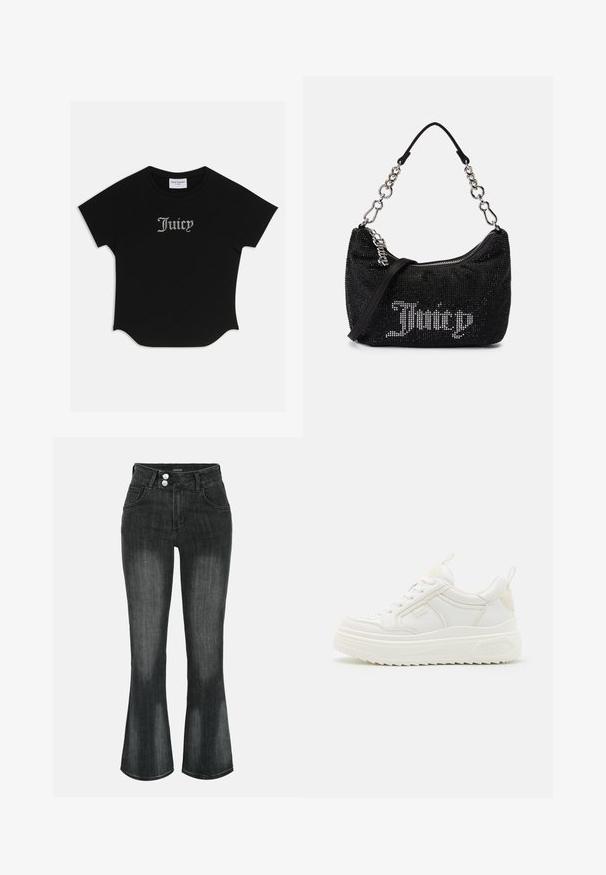 Zwarte T-shirt met korte mouwen en een ronde onderkant, voorzien van raglanmouwen. Kenmerkt zich door versierde "Juicy"-tekst in strass-steentjes op de voorkant.; Zwart gewassen denim jeans met hoge taille, dubbele knoopsluiting, voorzakken en licht uitlopende pijpen.; Witte leren sneakers met een stevige zool, vetersluiting en subtiele branding. Heeft een zachte textuur en een ronde neus.; Zwarte tas met rhinestone versieringen, een gebogen vorm en een zilveren kettinghandvat. Voorzien van een rits en het "Juicy" logo in het wit.