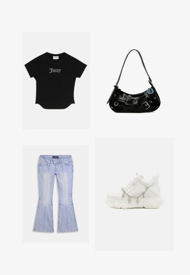Sort kortærmet T-shirt med rund bund og raglanærmer. Har pyntet "Juicy" tekst i rhinsten på forsiden.; Lyseblå flare jeans med lommer foran og bagpå, dobbelt knaplukning og synlige sømme hele vejen rundt.; Hvide sneakers med en kraftig sål, tekstureret læderoverdel og dekorativ metal kæde med charms. Har snørebåndslukning og polstret krave.; Sort lakeret skuldertaske med en buet form, udsmykket med sølvhardware, dekorative spænder og en kort rem. Blå mærkat vedhæftet.