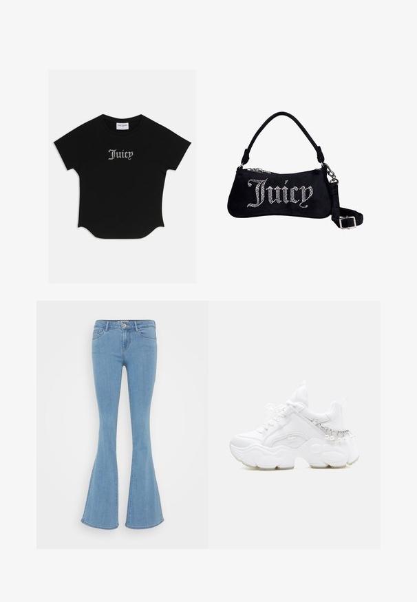 Zwarte T-shirt met korte mouwen en een ronde onderkant, voorzien van raglanmouwen. Kenmerkt zich door versierde "Juicy"-tekst in strass-steentjes op de voorkant.; Lichtblauwe uitlopende jeans van denim, met een standaard tailleband, vijf zakken en een gladde textuur zonder zichtbare patronen.; Witte chunky sneaker met dikke zool, veters aan de voorkant en kettinkdetail met hangende parels op de hiel.; Zwarte fluwelen schoudertas met "Juicy" gespeld in rhinestones, voorzien van een korte hengsel en een afneembare verstelbare schouderband met zilveren gesp.
