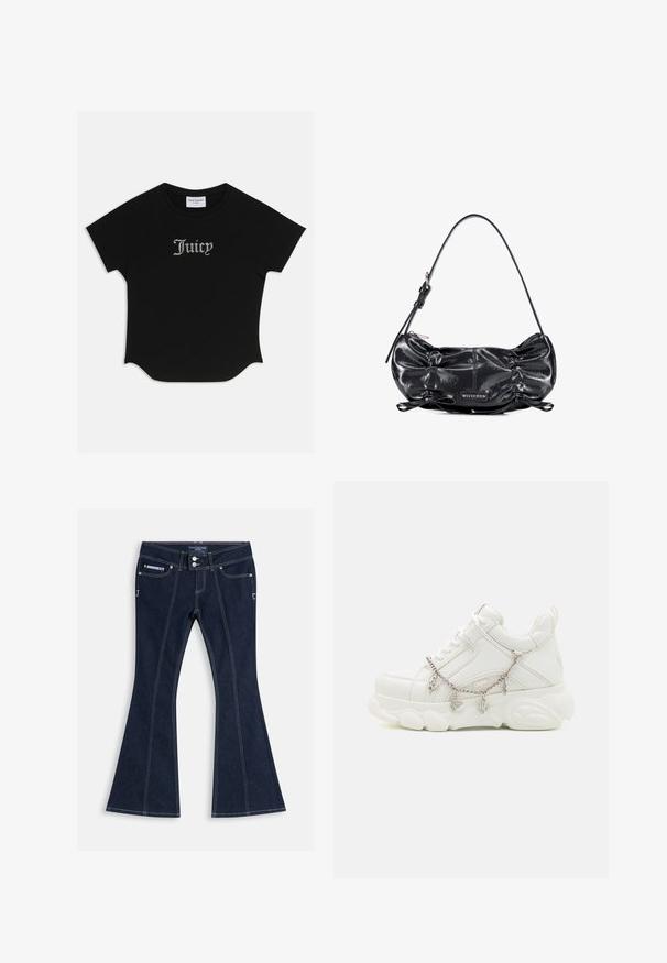 Zwarte T-shirt met korte mouwen en een ronde onderkant, voorzien van raglanmouwen. Kenmerkt zich door versierde "Juicy"-tekst in strass-steentjes op de voorkant.; Donkerblauwe wijde jeans met witte stiksels, voorzakken, riemlussen en twee zilveren knopen aan de tailleband.; Witte sneakers met een dikke zool, een gestructureerde leren bovenkant en een decoratieve metalen ketting met bedels. Voorzien van vetersluiting en een gevoerd kraagje.; Zwarte glanzende leren schoudertas met geplooide zijkanten, verstelbare band, ritssluiting en Wittchen merketiket aan de voorkant in het midden.