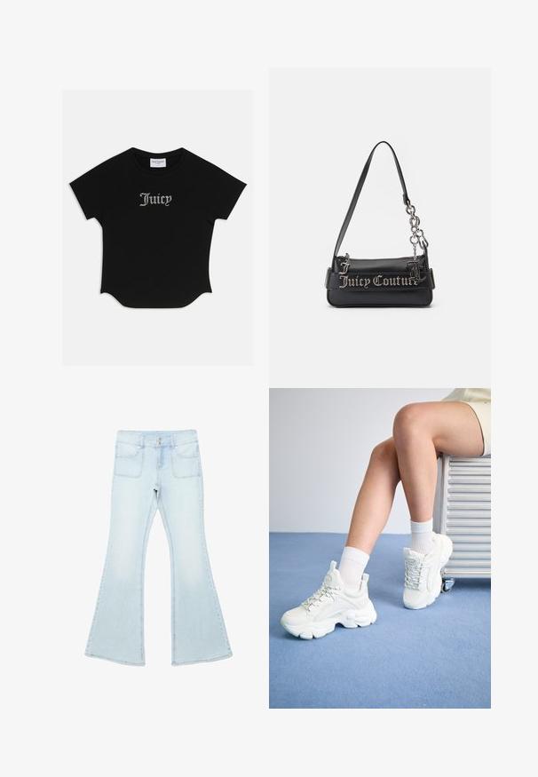 Sort kortærmet T-shirt med rund bund og raglanærmer. Har pyntet "Juicy" tekst i rhinsten på forsiden.; Lyseblå denimjeans med høj talje, to forlommer, knaplukning og brede, flagrende ben.; Hvide snøre-sneakers med en chunky sål, der har glat syntetisk materiale, teksturerede detaljer og en løkke på hælen.; Sort håndtaske lavet af tekstureret syntetisk materiale. Har en kædestrop og sølv "Juicy Couture" logoet fremtrædende vist på forsiden.