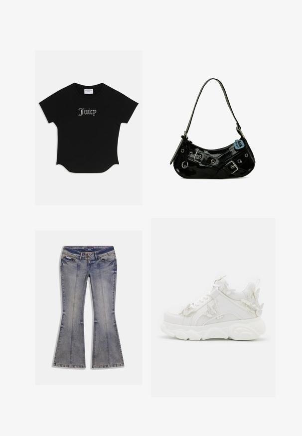 Sort kortærmet T-shirt med rund bund og raglanærmer. Har pyntet "Juicy" tekst i rhinsten på forsiden.; Denim jeans med vidde i lys blå med falmede pletter, forlommer og kontrastsyning. Har lynlås og mærketalje.; Hvid chunky sneaker med tyk sål og dekorative 3D sommerfugle detaljer på siden, snørebånd og hæl.; Sort lakeret skuldertaske med en buet form, udsmykket med sølvhardware, dekorative spænder og en kort rem. Blå mærkat vedhæftet.