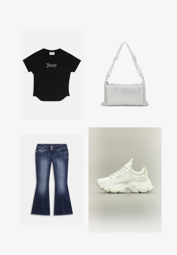 Sort kortærmet T-shirt med rund bund og raglanærmer. Har pyntet "Juicy" tekst i rhinsten på forsiden.; Mørkeblå, viddeudvidede jeans lavet af denim, med fem lommer, kontrastsyninger og lukning med knap samt dekorative detaljer foran.; Hvid chunky sneaker med tyk struktureret sål, mesh- og læderoverdel, snørelukning og trækstropper på tunge og hæl.; Sølvnet taske med rektangulær form, prydet med små runde pailletter, med en fletning af strop med knuder og lynlås-lukning.