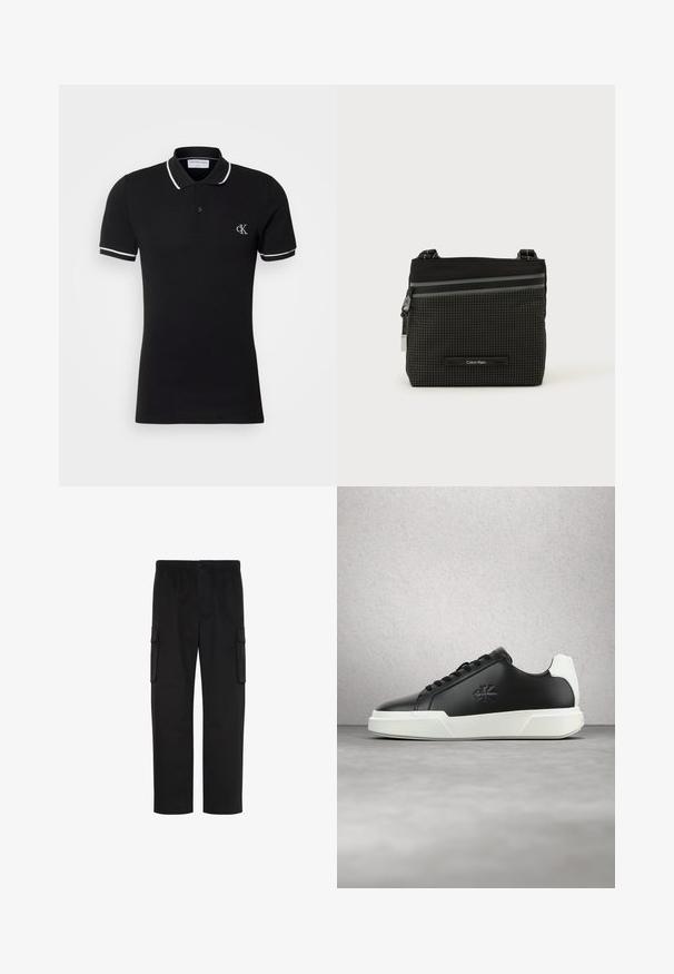 Schwarzes Poloshirt mit kurzen Ärmeln, weißer Paspelierung am Kragen und an den Ärmeln, Zwei-Knopf-Leiste und kleinem weißen "cK"-Logo auf der linken Brust.; Schwarze gerade geschnittene Cargohosen mit elastischem Bund, Knopfverschluss und zwei Klappentaschen an den Seiten.; Schwarzer Ledersneaker mit rundem Zehenbereich, weißer Gummisohle und schwarzen Schnürsenkeln. Mit einem Logo an der Seite und einem kontrastierenden weißen Fersenakzent.; Schwarze und graue Calvin Klein Umhängetasche mit Karomuster, Frontreißverschlusstasche und verstellbarem Riemen vor weißem Hintergrund.